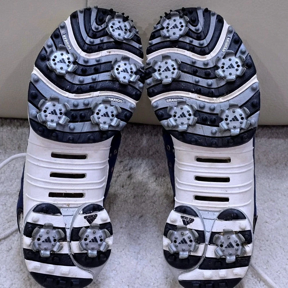 Adidas Traxion Womens Size 5.5 Golf Shoes Navy‎ White Gold Accents Spikes
